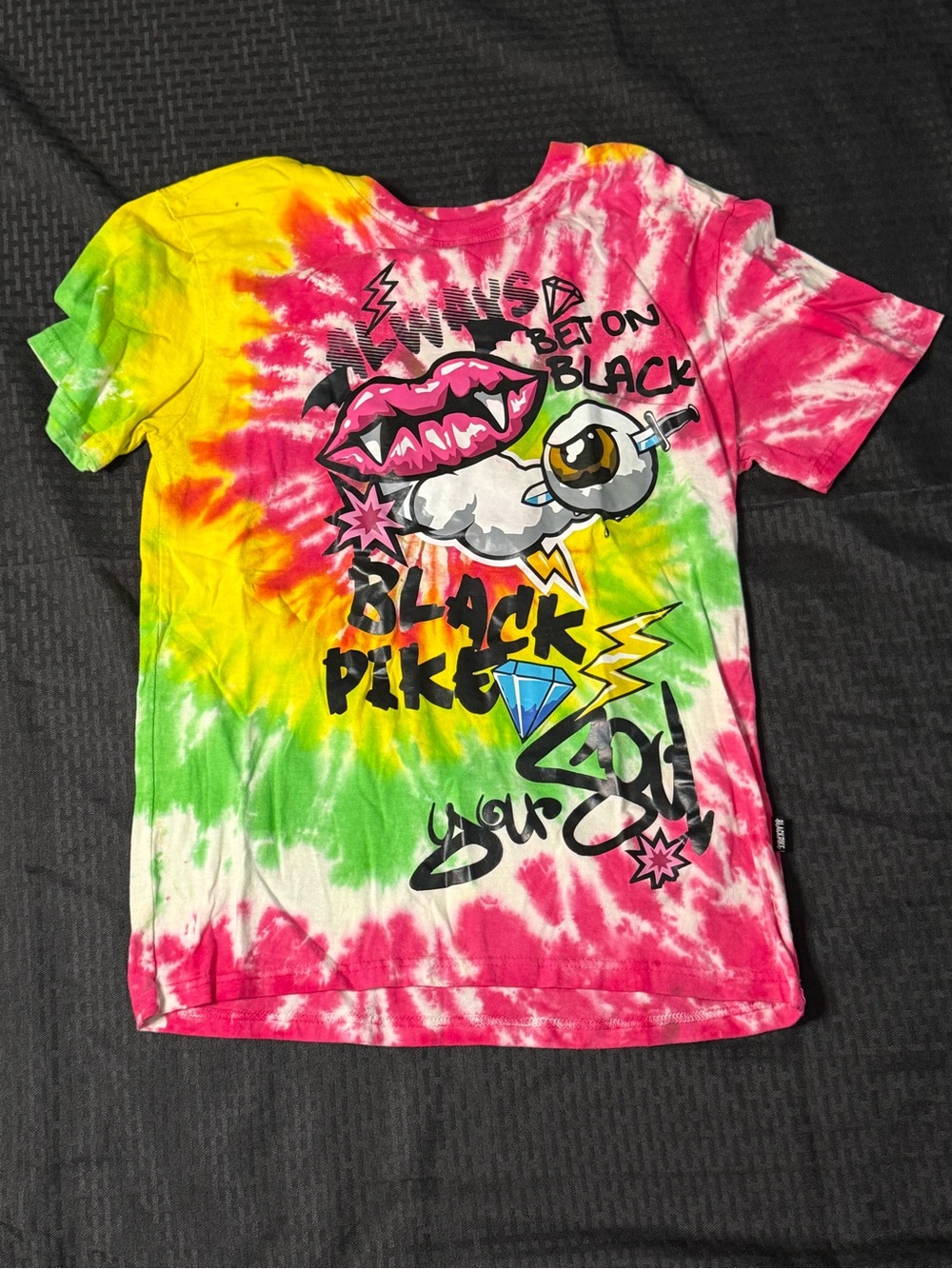 Tie-Dye Graphic  Black Pike Tee with Lip & Lightning Design - Multicolor
